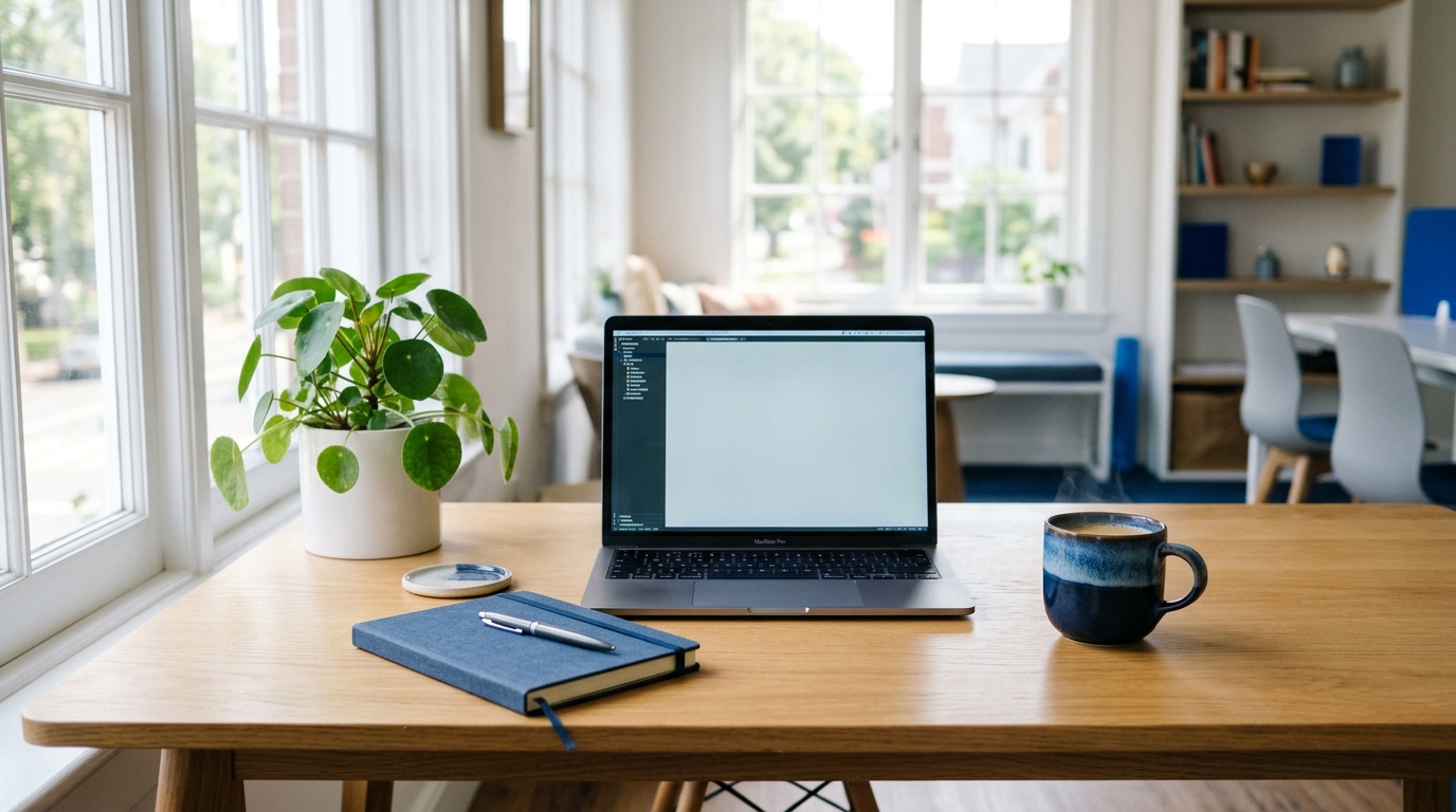 Bureau lumineux d'une petite entreprise, avec un ordinateur portable ouvert sur la table de travail